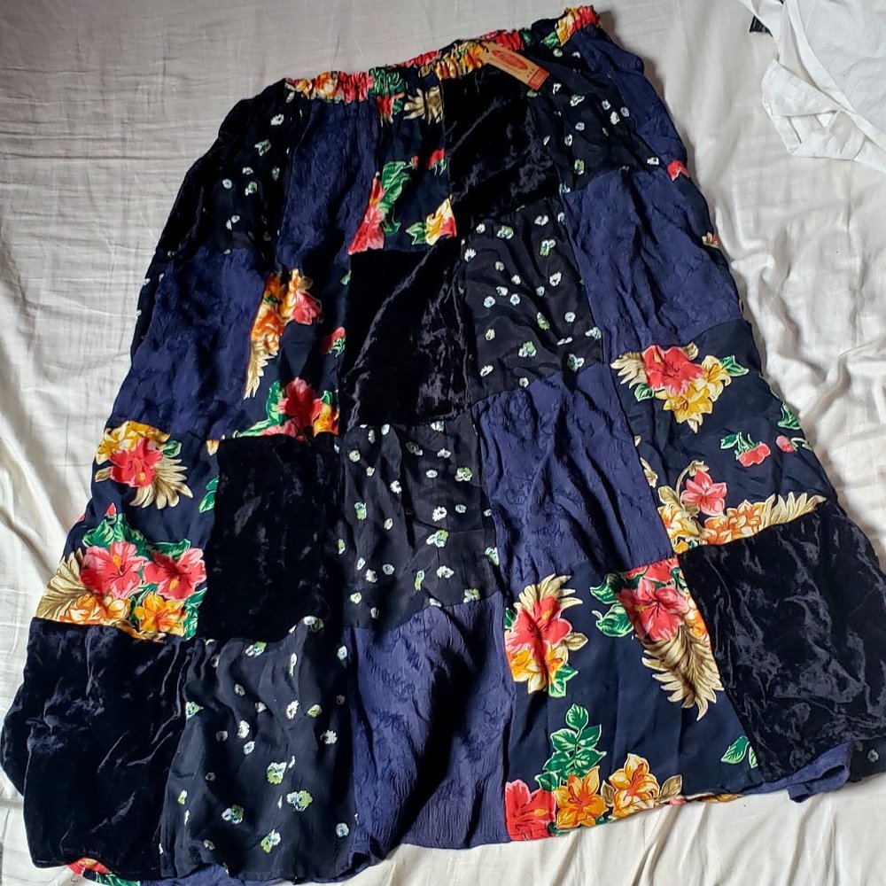 Dark blue vintage hippie patchwork maxi skirt